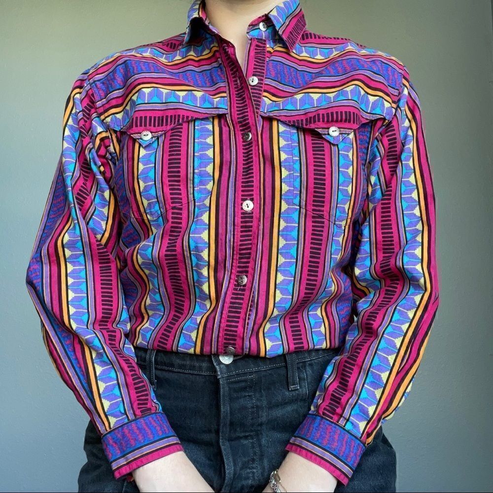 Vintage Rodeo Western Wear Colorful Geometric Cotton Button Down Cowgirl Shirt